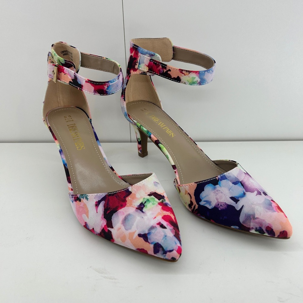 Dream Pairs Ankle Strap Pumps 9.5 Women Pointed Toe Floral Low Heel Shoes